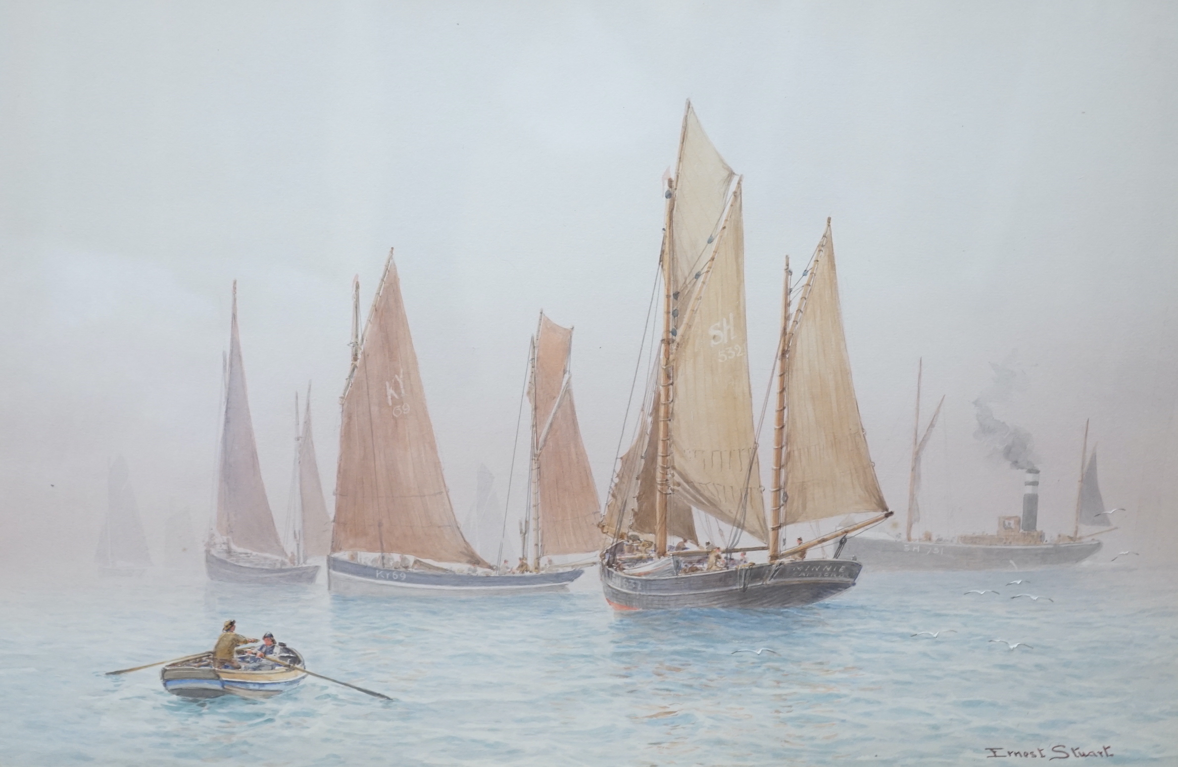 Ernest Stuart (fl.1889-1915), watercolour, Fishing boats at sea, signed, 35 x 53cm